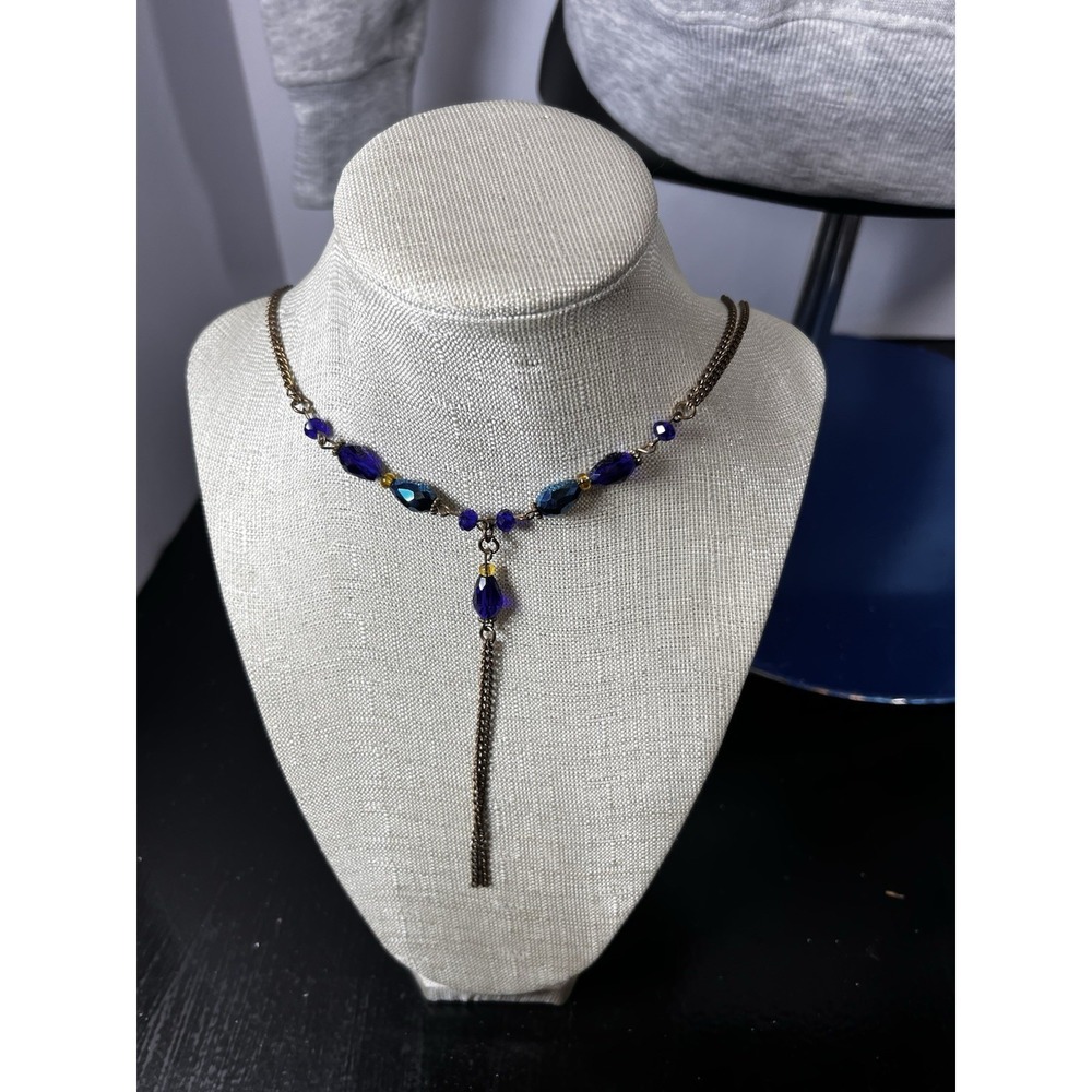Vintage‎ Style Necklace With Blue Cut Glass Beads & Aged Metal Fittings Y